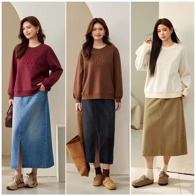 Elegant Embroidered Plus Size Slimming Sweatshirt For Women Sensible Design Age-Reducing Crewe Neck Autumn Collection New Arriva  sweater