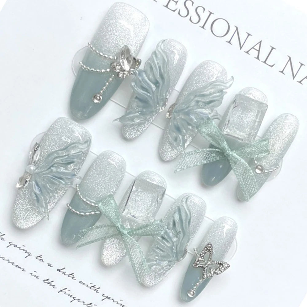 5set Fake Nails Art almond ballet detachable shining butterfly wearing press on nails handmade false nails Bulk Wholesale/Custom