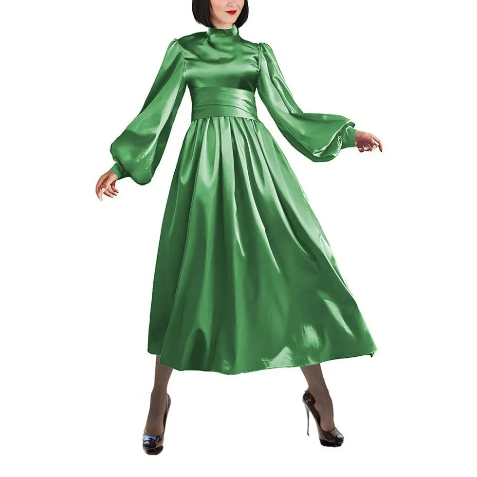 Plus Size Satin Evening Dress Elegant Drape High Neck Long Sleeve Dress Ladies Party Belted Long Gown Women A-Line Prom Dress
