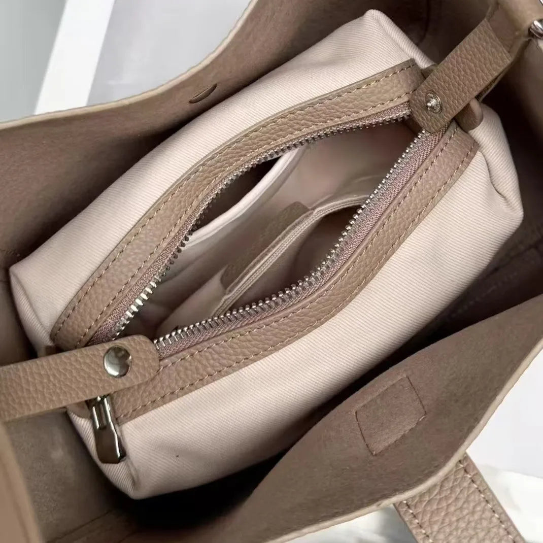 Japanese and Korean Style All-match Coffee Small Daily-use Bucket Tote Genuine Cow Leather Women Handbag Female Crossbody Bag