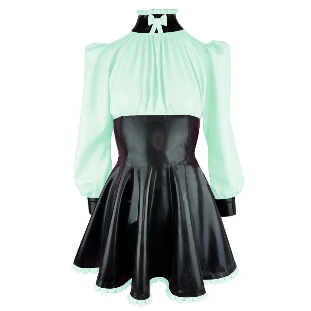 Plus Size High Neck Bow Patchwork Black Faux Latex Mini Dress Women Long Sleeves Slim Fit Ruffled A-line Dress Cocktail Gown