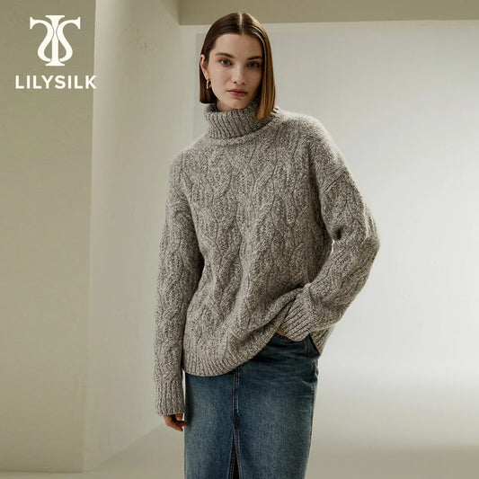 LILYSILK Women's Cable-Knit Cashmere Turtleneck Ladies Casual Dropped-shoulder Style Sweater with Ribbed Cuffs and Hem