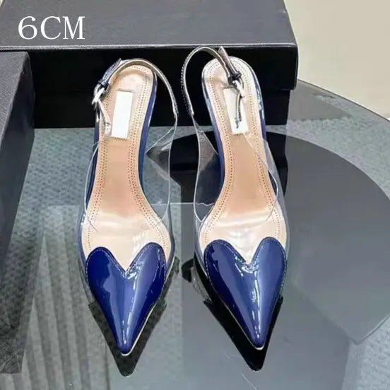 Manufacturer  New Pointy Peach Heart Fine Heel Shoes Sexy Pvc Transparent Film Black Patent Leather High Heel Overhead Sandals   Pumps