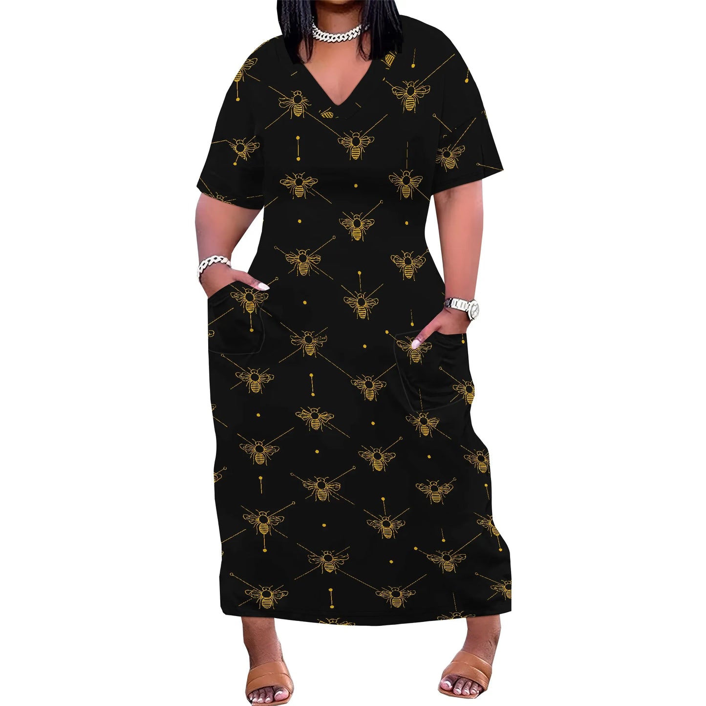 Women's Plus Size African Print Dresses Casual Loose Pocket Short Sleeve Long Maxi Dress