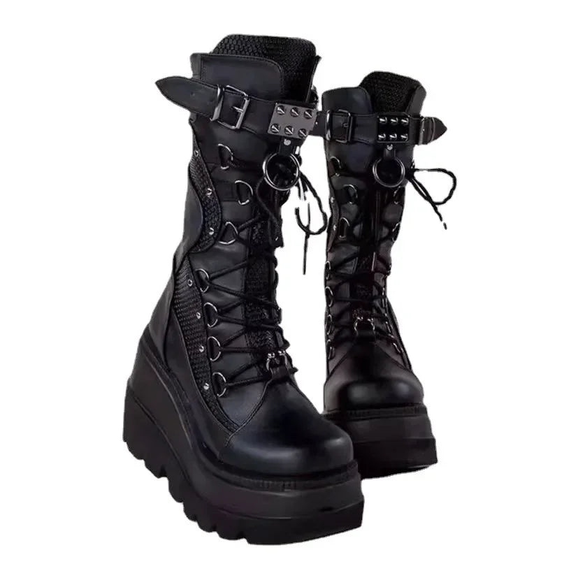 Manufacturer   Brand New Ladies Goth Platform Boots Fashion Rivet Buckle Punk Wedges High Heels women's Boots Party Street Cosplay Woman Shoes   boots
