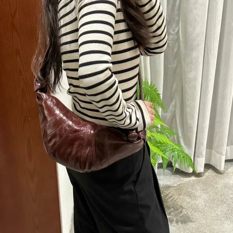 Original Linen Coated Croissant Commuter Versatile Messenger Bag Genuine Leather Croissant Large Capacity Ladies Dumpling Bag