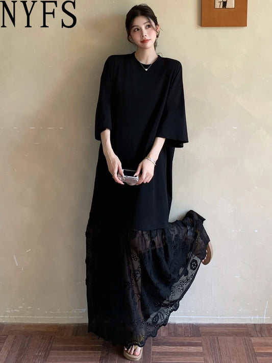 NYFS Korean Style Women's Summer Loose plus Size Patchwork Embroidery hollow lace Hem Short Sleeve Long Dress Robe Elbise