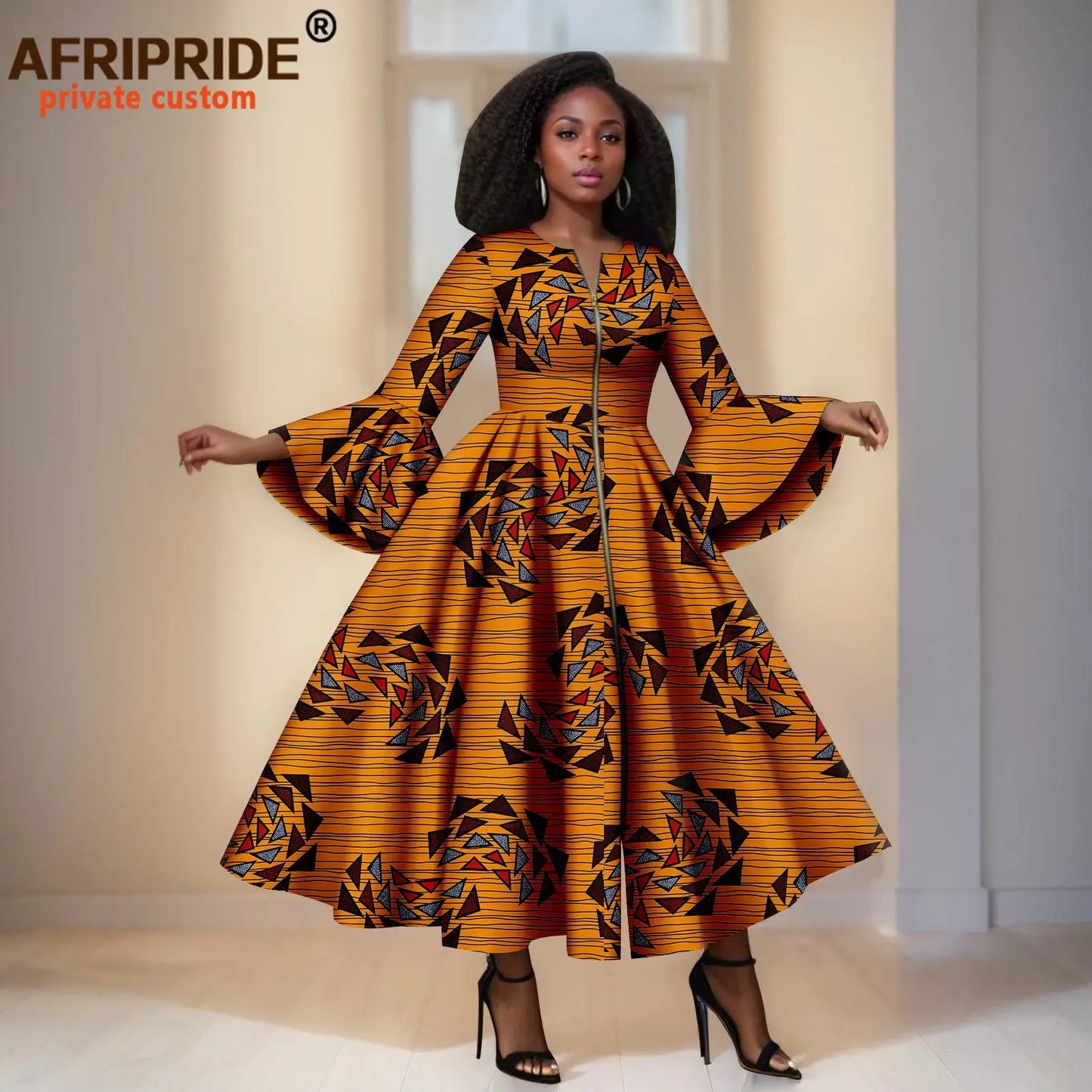 African Print Dresses for Women Flare Sleeve Elegant Zip Maxi Dress Party Attire for Lady Dashiki Long Dress