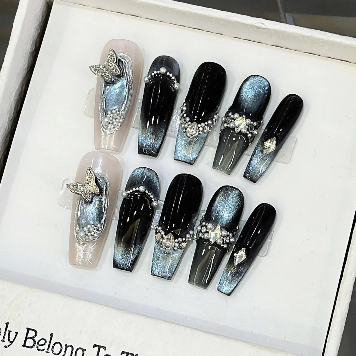 [Lanyao Xinghai] Premium Blue Cat's Eye Rhinestone Luxurious Heavy-Craftsmanship Niche New Design Long Press-On Nails
