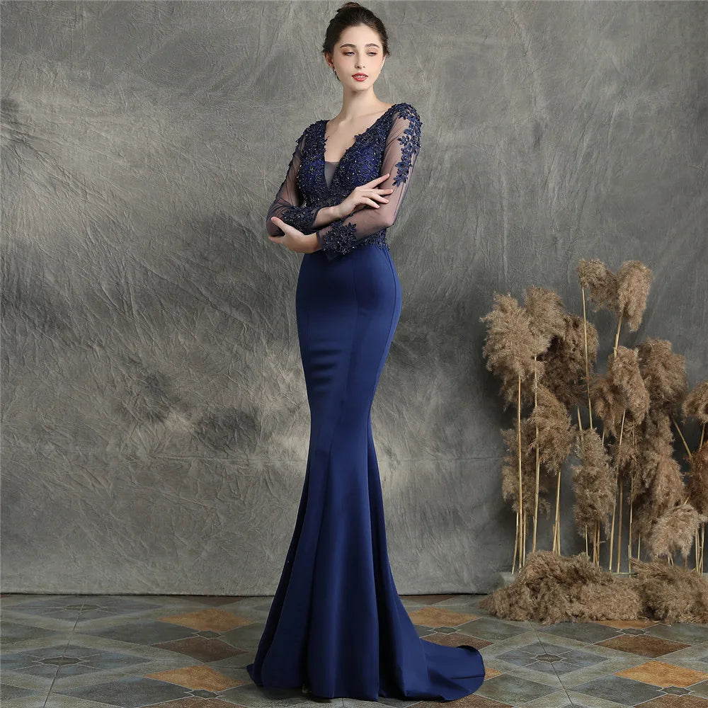 Cusomized V-Neck Floral Lace Handmade Applique Beaded Fishtail Dress Long Sleeve  Dress Wedding Party Evening Dress For Women