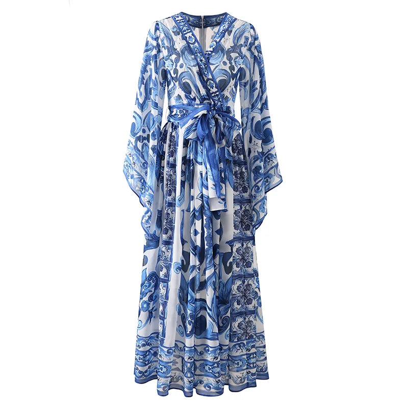Red Blue And White Porcelain Print Holiday Dress Summer Vintage Bohemia Dress Women's  Loose Lace Up Belt Long Robe Vestido