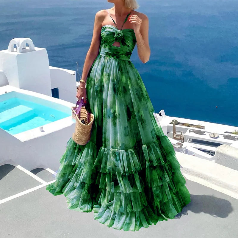 Women Fashion Hollow Off Shoulder Summer Dress Sexy Sleeveless Pleated Long Dress Elegant Halter Pattern Print Mesh Party Dress