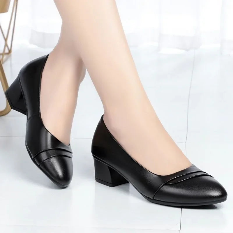 Manufacturer   Women Cute Sweet Round Toe Black Pu Leather Spring Slip on Square Heel Shoes Zapatos De Mujer Lady Plus Size Office Pumps B37   Pumps