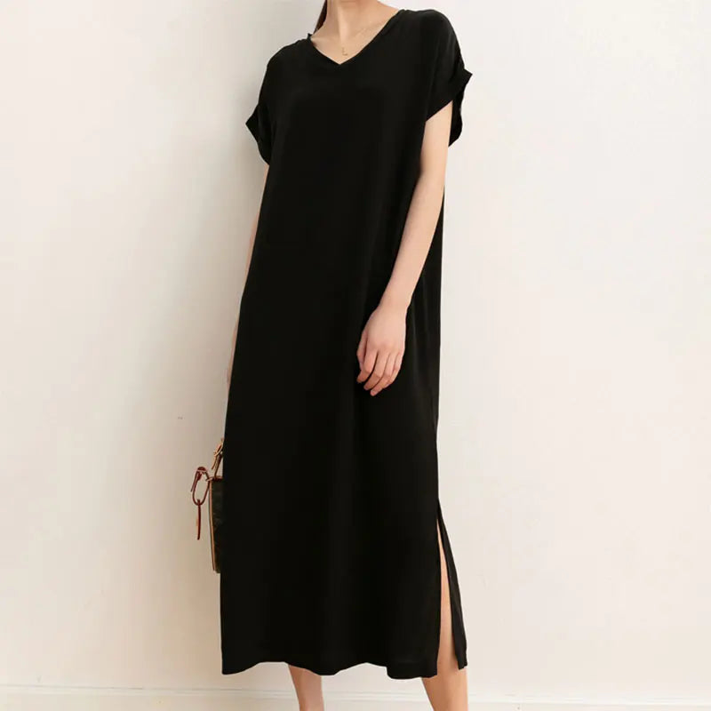 Women 100% Mulberry Silk 19 momme Thick Crepe Silk Midi Dress V neck Short Sleeve Side Slit Long Dress