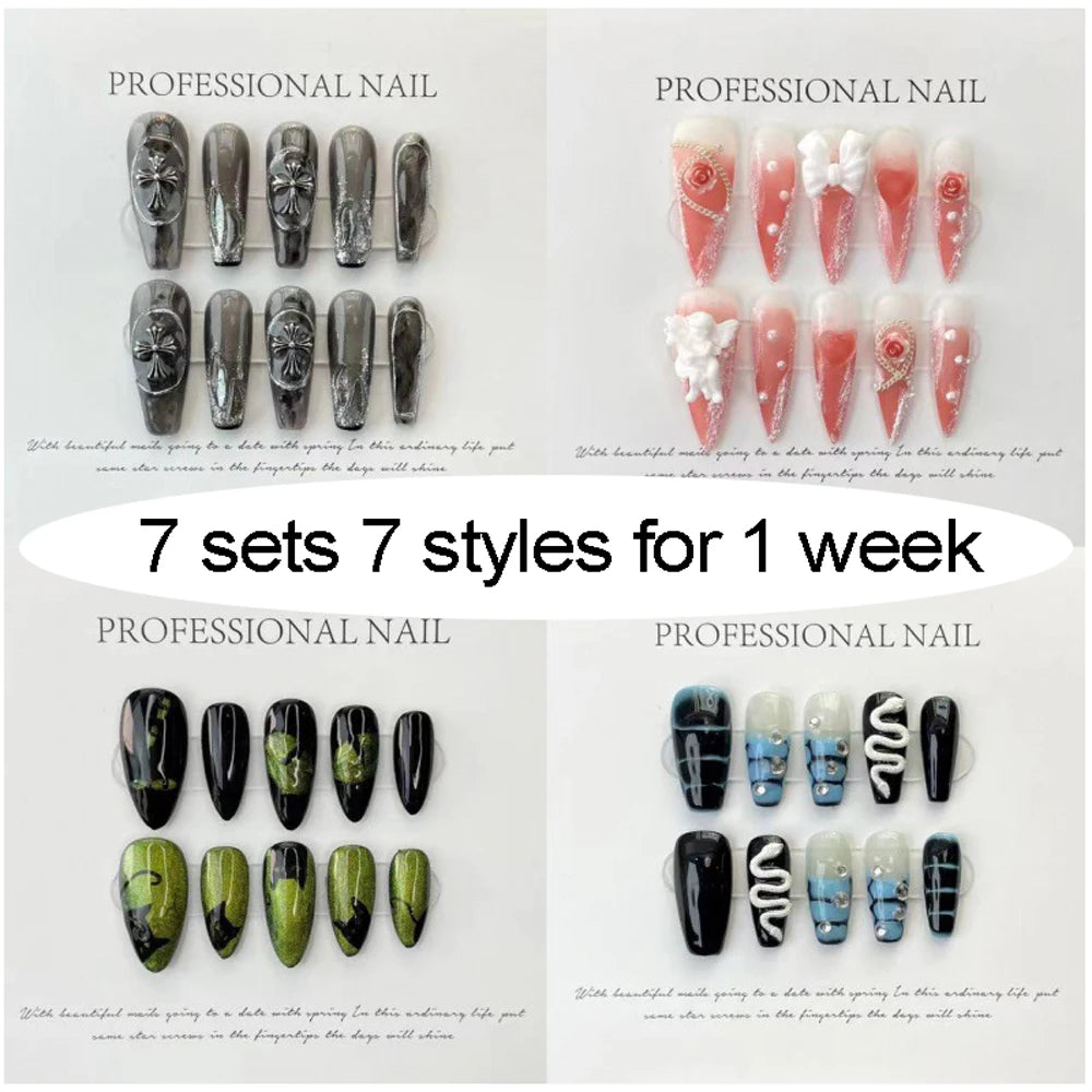 7 Set/Lot Handmade False Nails Random Delivery ,press on nails detachable for women's girl's daily use Bulk Wholesale Fake Nails