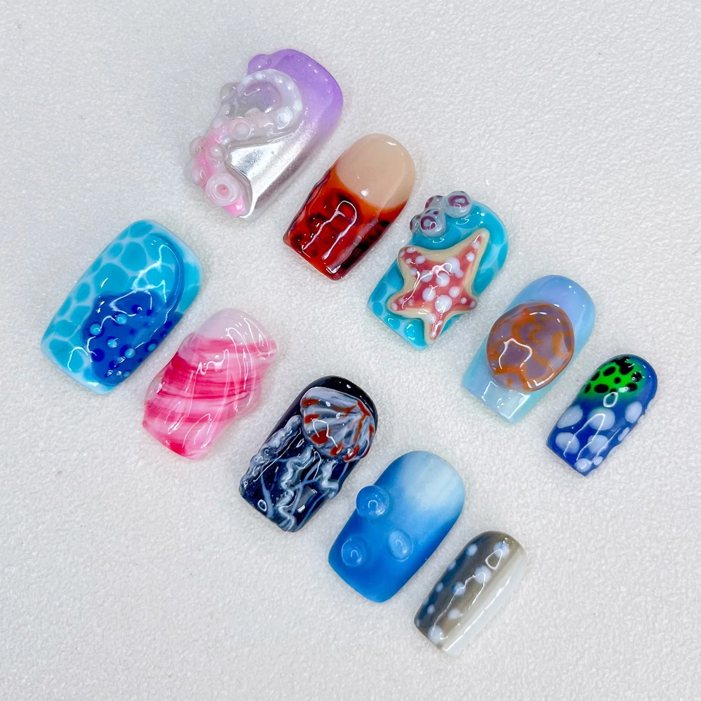 3D Handmade Trapezoidal Fake Nail Manicure Marine Series Octopus Starfish Inlaid Press on Nails Mandarin Duck Personalized Style