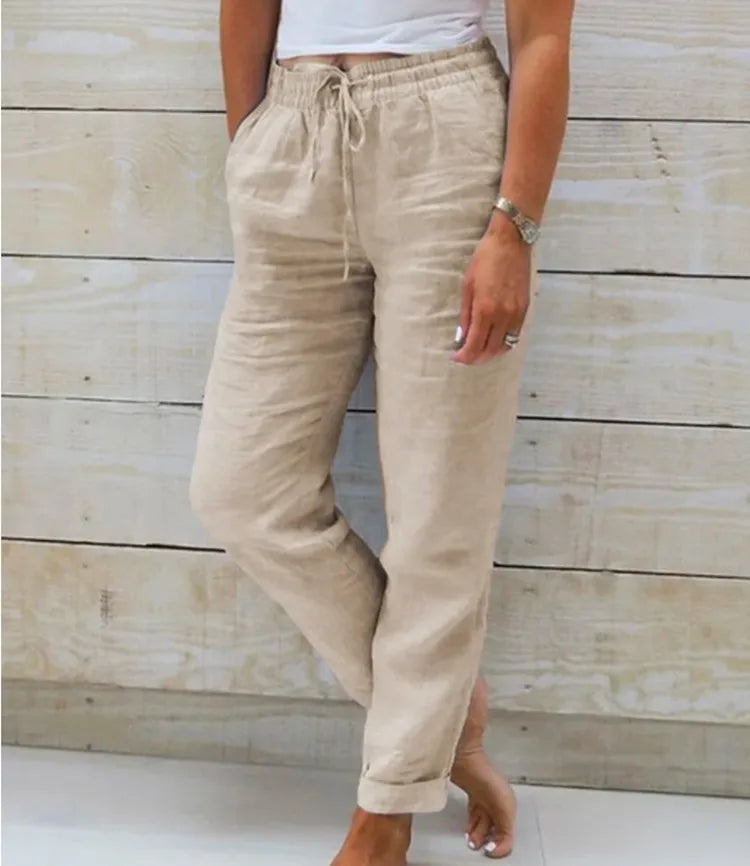 Cotton Linen Summer Pants for Women High Waist Elastic Casual Trousers Streetwear Solid Female Clothes  Loose Pencil Pants