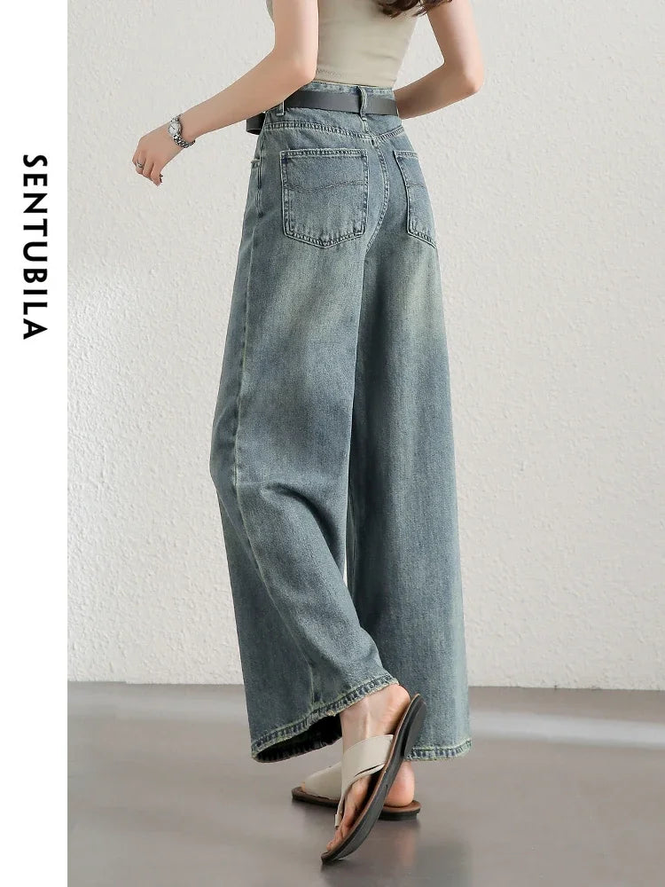 SENTUBILA Retro Washed Cotton Baggy Jeans Woman  Summer Fashion Wide Leg Denim Pant Comfort Casual Women Trousers