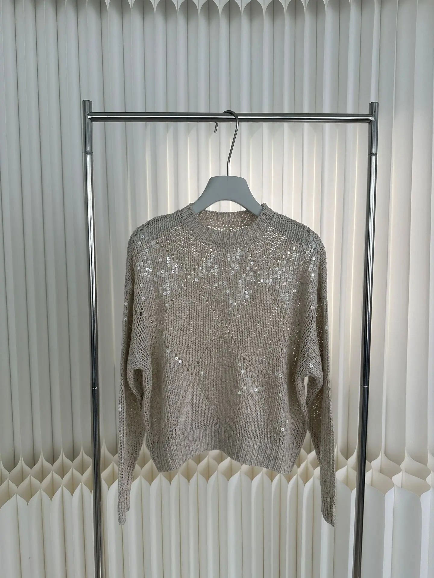 Spring And Summer Ladies New Heavy Embroidery Sequin Top Lazy Style Loose Hollow Pullover Knitted Sweater