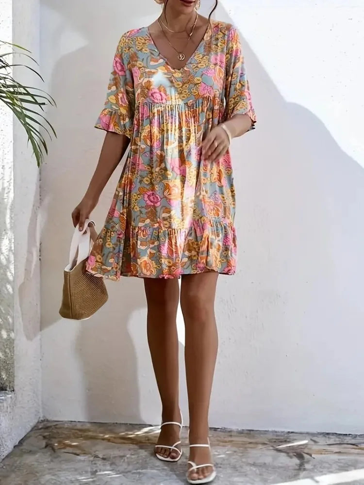 Plus Size Summer Floral Print Dress Women Clothes Casual Short Sleeve Loose Fit Ruffle Hem Beach Party-Dress New Bohemian Style