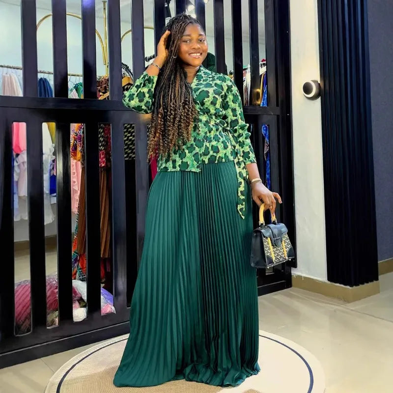 African Plus Size Women's Dresses Miyake Pleated Printed Long Sleeve Tops Pleated Long  Simple Loose Middle East Prom Dresses