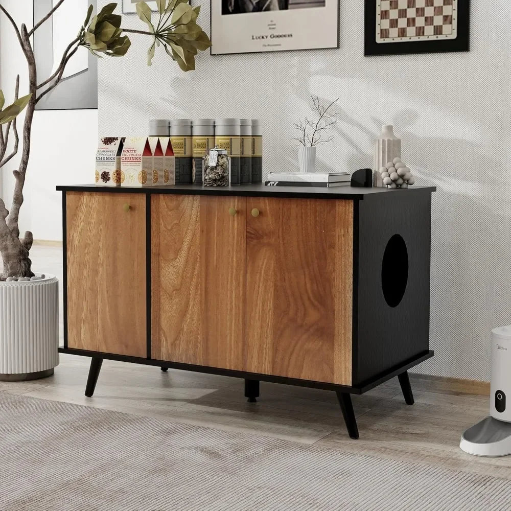 Cat Litter Box Enclosure, Hidden Litter Box Furniture, Cat Toys Cat Food Storage Cabinet, Cats Litter Box with Partitions,