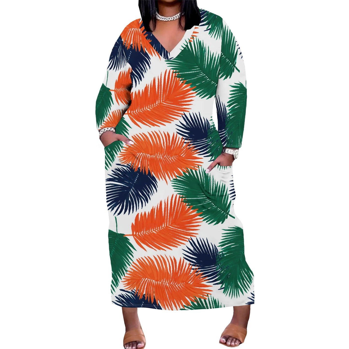 Oversized Baggy Summer Womens Print Dresses Sexy Casual T-Shirt V Neck Long Sleeve Maxi Dress with Pocket