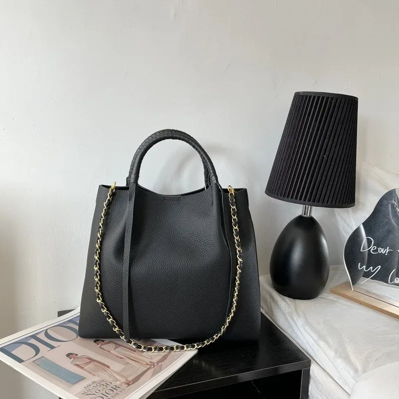 New Leather Women's Bag First Layer Cowhide Coarse Lychee Pattern Fringed Chain Large Empty Capacity Tote Portable Shoulder Bag