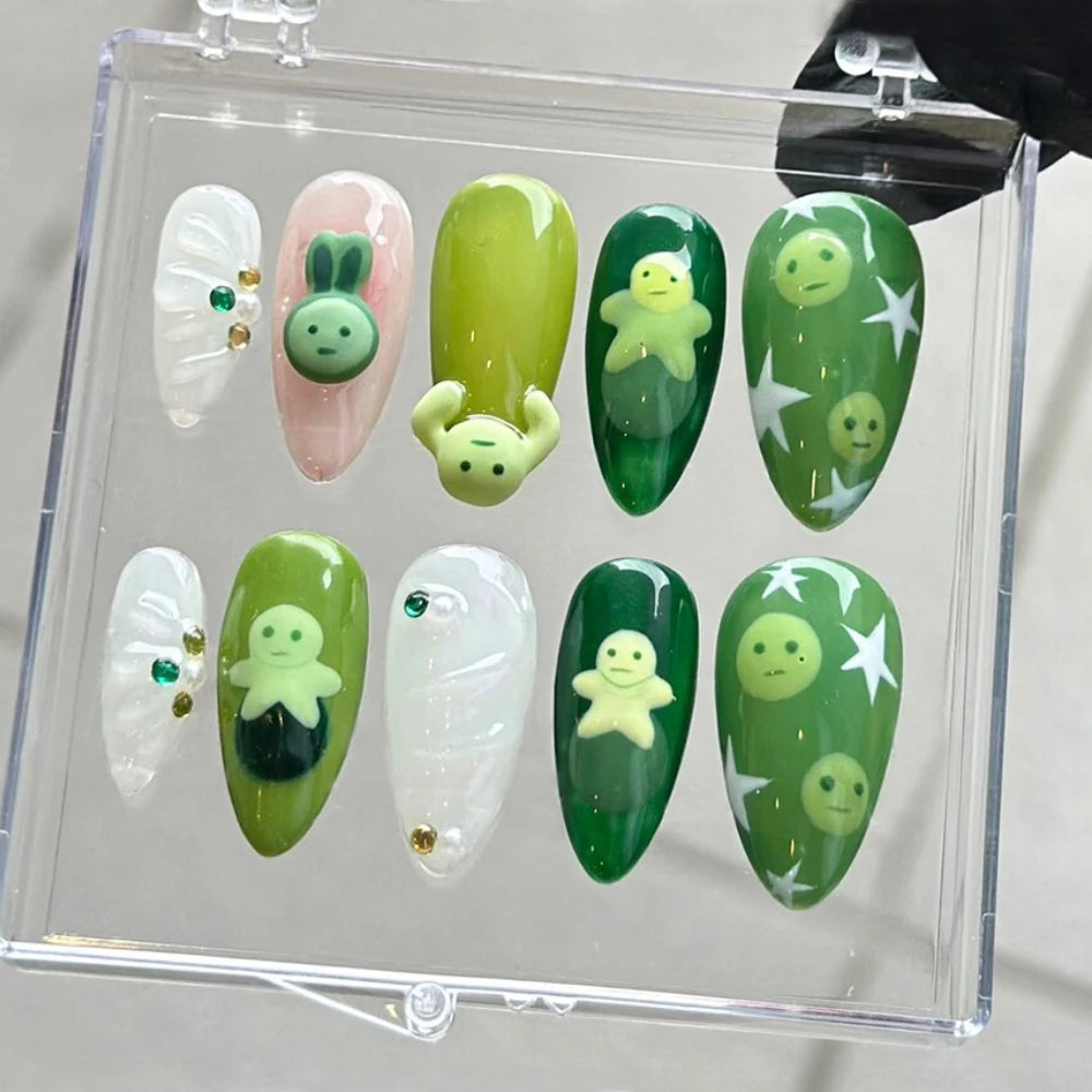 10Pcs Press On Nails  New Nials Ballet Style Handmade Green & White 3D Medium Almond Fake Nails Design Art DIY Nails