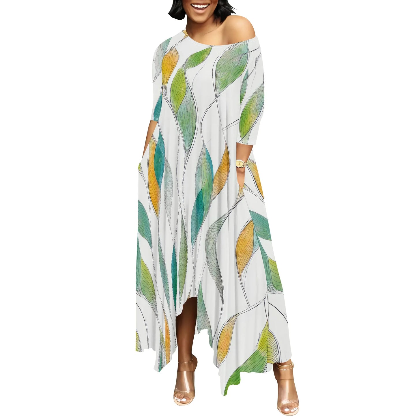 Women One Shoulder Sleeve Printed Dress High Waist Split Party Cocktail Long Dress
