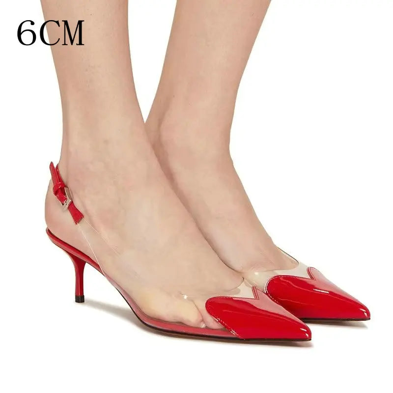 Manufacturer  New Pointy Peach Heart Fine Heel Shoes Sexy Pvc Transparent Film Black Patent Leather High Heel Overhead Sandals   Pumps