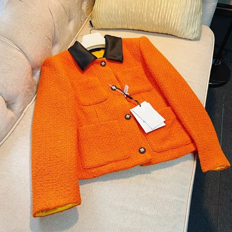 Top Quality Elegant Women Autumn Orange Wool Jacket Office Ladies Work Coat Single Breasted Party Straight Woolen Jacket Outwear