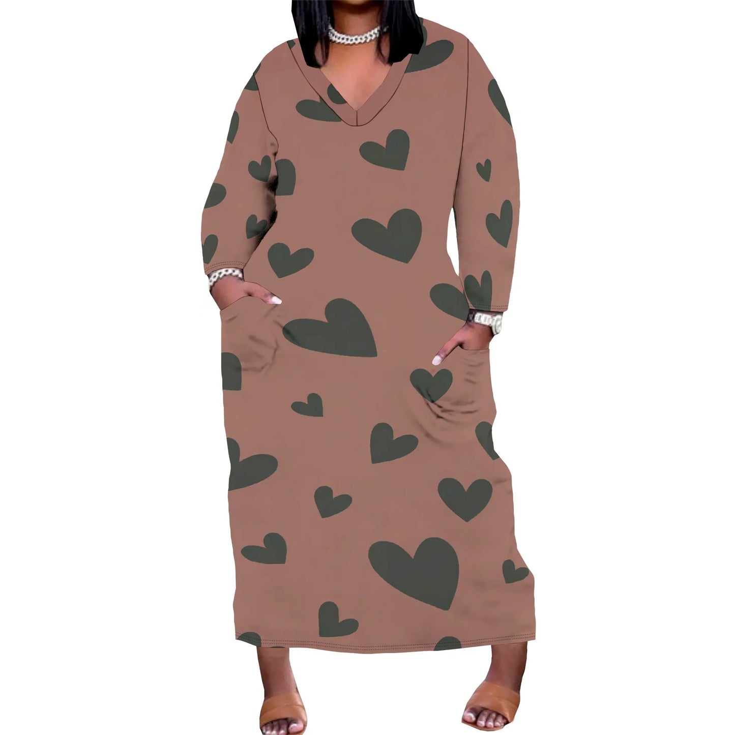 Women's Long Sleeve Plus Size Polka Dot Print Maxi Dress V Neck with Pockets Dress Loose Casual Autumn Outfit