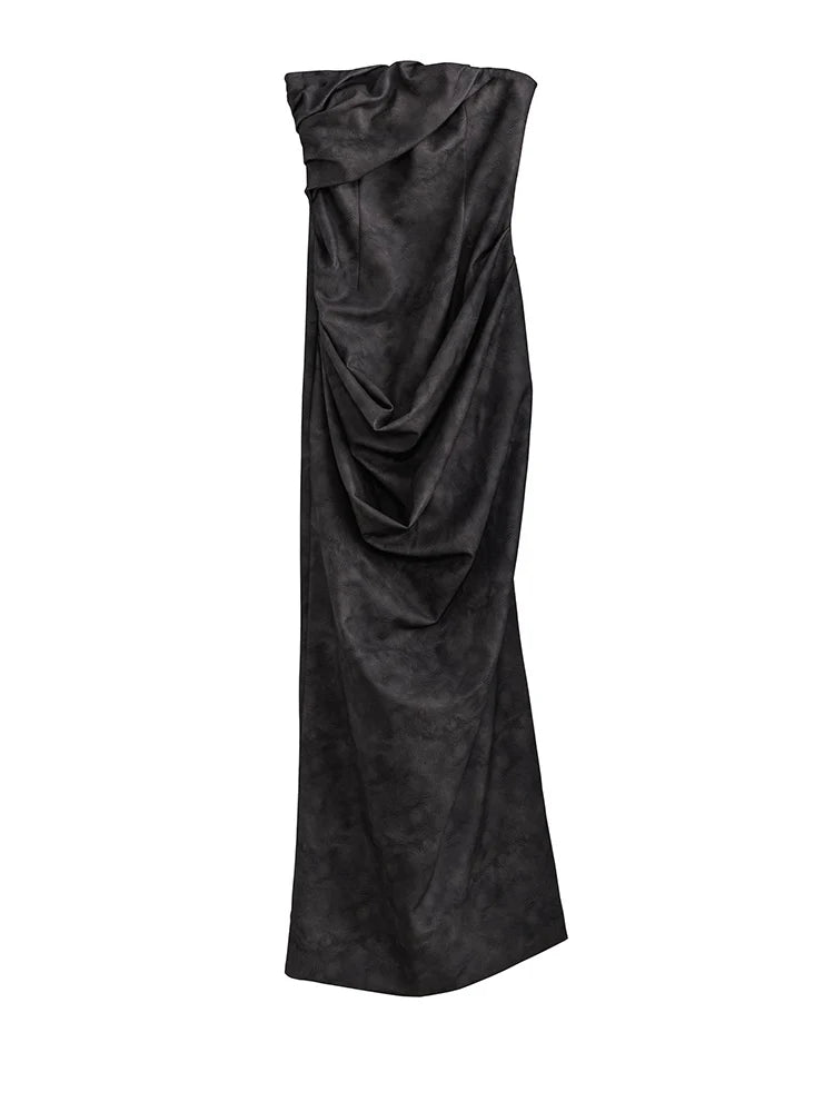 [EAM] Women Gray Shaped Pleated Pu Leather Long Elegant Strapless Dress New Sleeveless Fashion Tide Spring Autumn  1DH4724