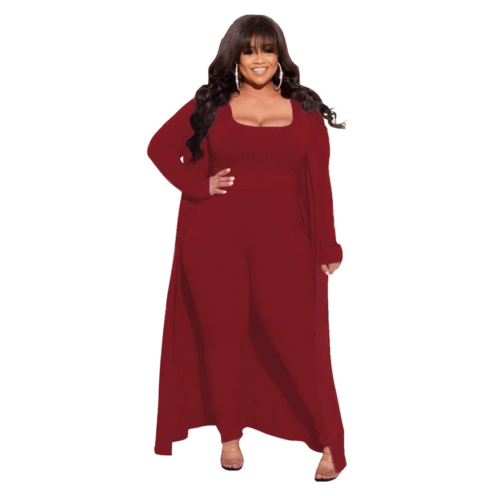 3 Piece Women Outfits Sets Sexy Square Collar Tops+long Coat Tight Pants Solid Color Fashion Plus Size Clothing Wholesale  suits