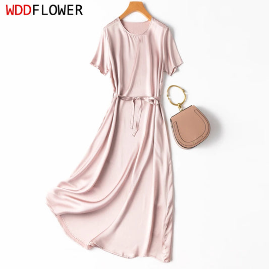 Women Midi Dress 100% Mulberry Silk 20 Momme Crew neck belted waist Solid Color Light Pink A Line Long Dress
