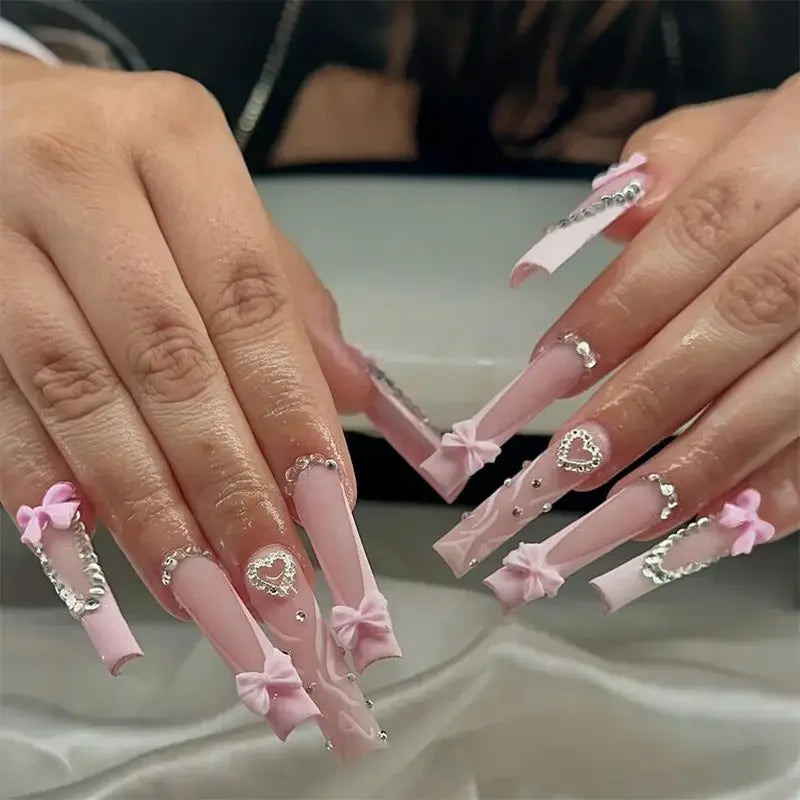 24Pcs Ballet Square Pink Press on Bow Nails 3D Flower with Bandage Design French Nail Tips for Women&Girls Daily,Spring wear