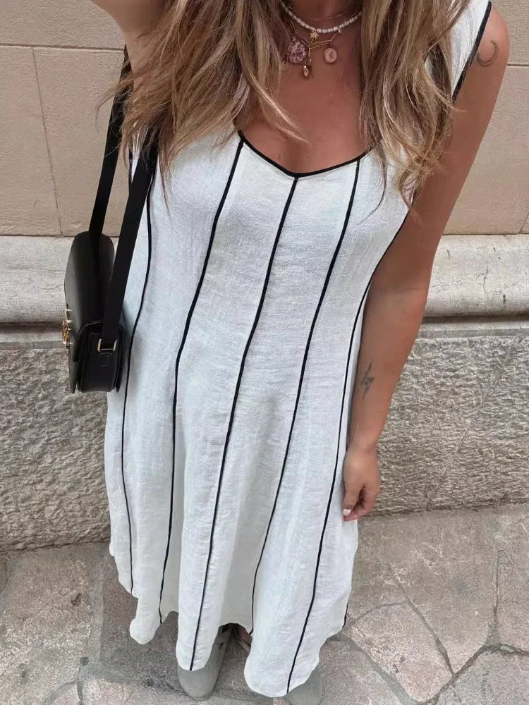 Women's French Commuter Striped Dress U-neck Sleeveless Off-shoulder Suspenders Casual Long Dress Fall Female Chic Party Dresses