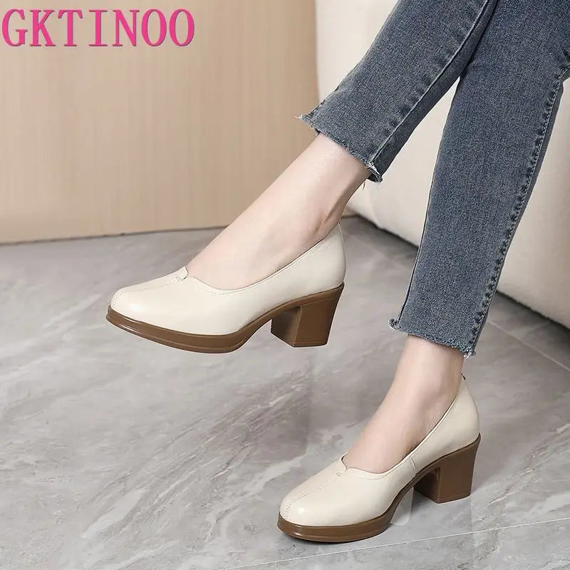 Manufacturer   New Fashion Women Pumps Round Toe Thick Heels Genuine Leather Shoes Woman Spring Summer Office Ladies Shoes Comfort   Pumps
