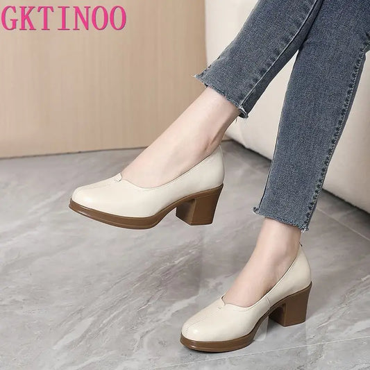 Manufacturer   New Fashion Women Pumps Round Toe Thick Heels Genuine Leather Shoes Woman Spring Summer Office Ladies Shoes Comfort   Pumps