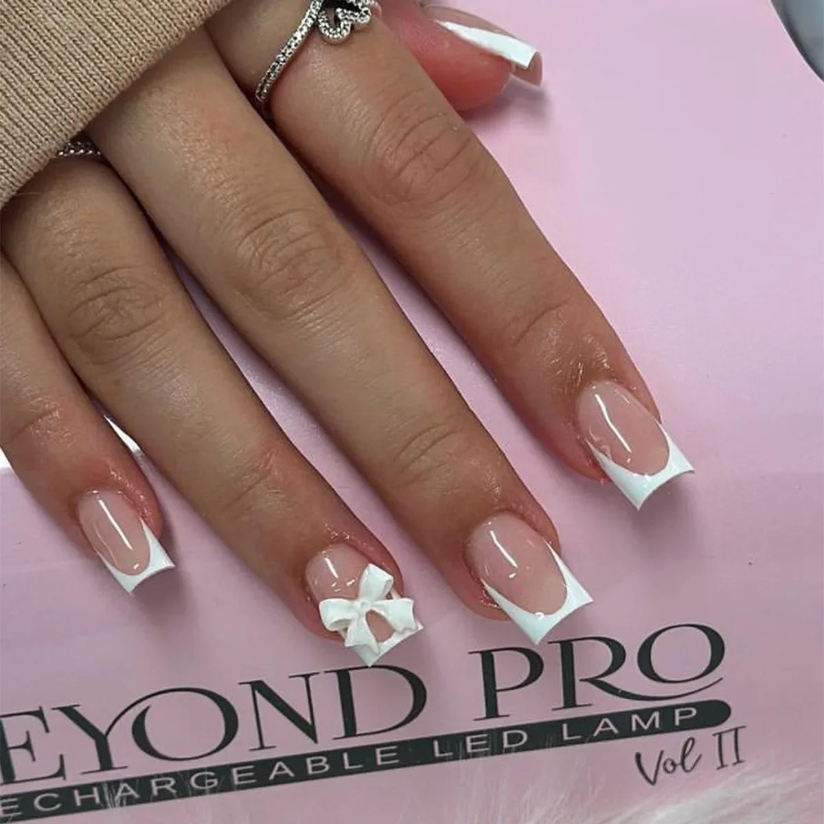 24Pcs Ballet Square Pink Press on Bow Nails 3D Flower with Bandage Design French Nail Tips for Women&Girls Daily,Spring wear