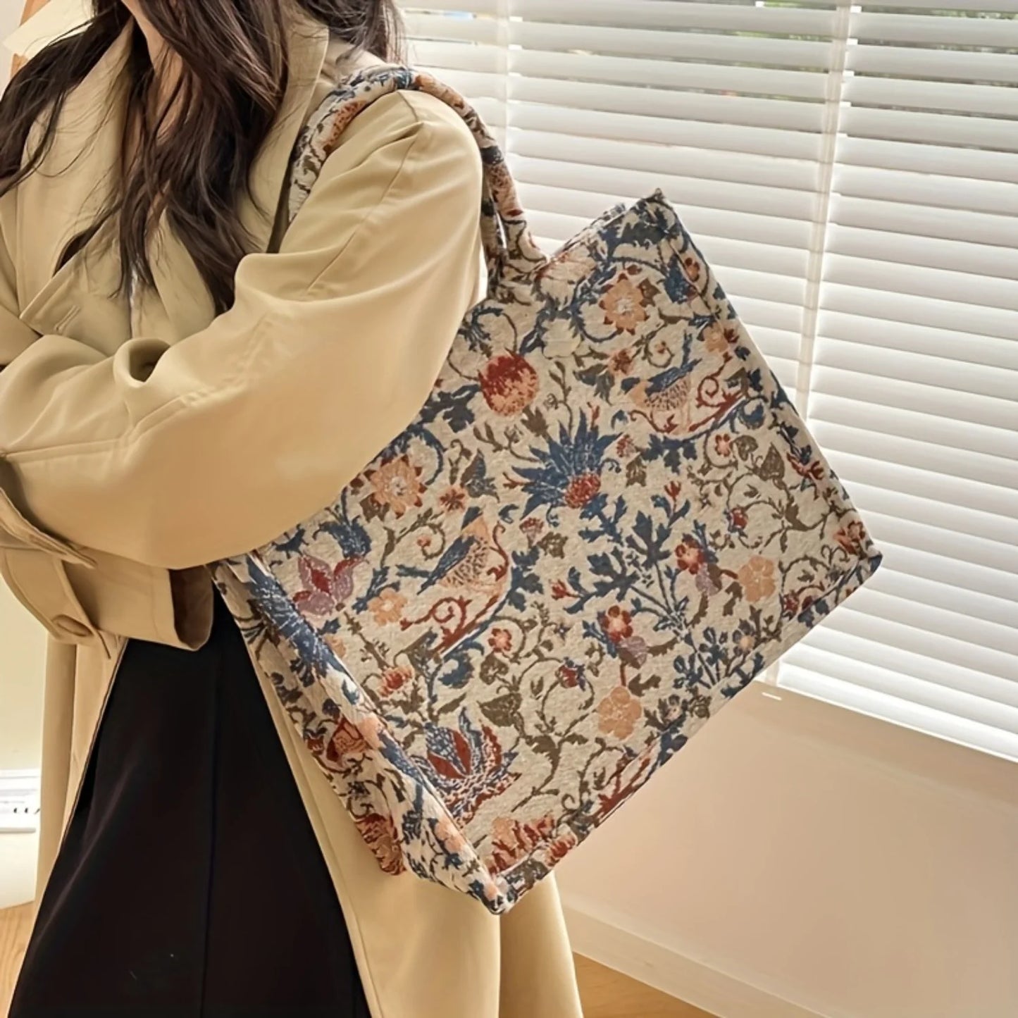 Vintage Tote Bag, All Over Floral Pattern Satchel Abg, Large Capacity Shoulder Bag