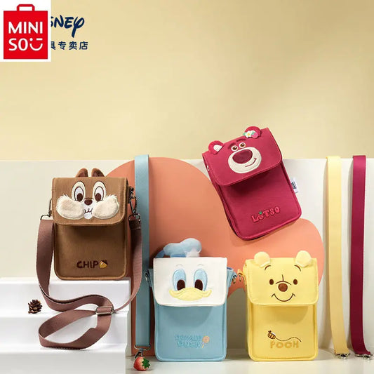 MINISO Disney Strawberry Bear Winnie Bear Printed Crossbody Bag for Women High Quality Canvas Multi functional Storage Phone Bag