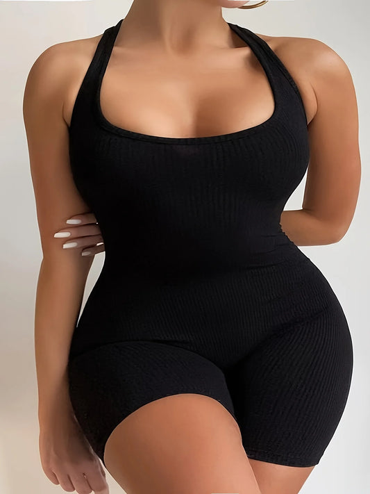 Plus Size Fashion Black Halter Jumpsuit, Women's Solid Color Sexy Body-Con Black Clothes  suits
