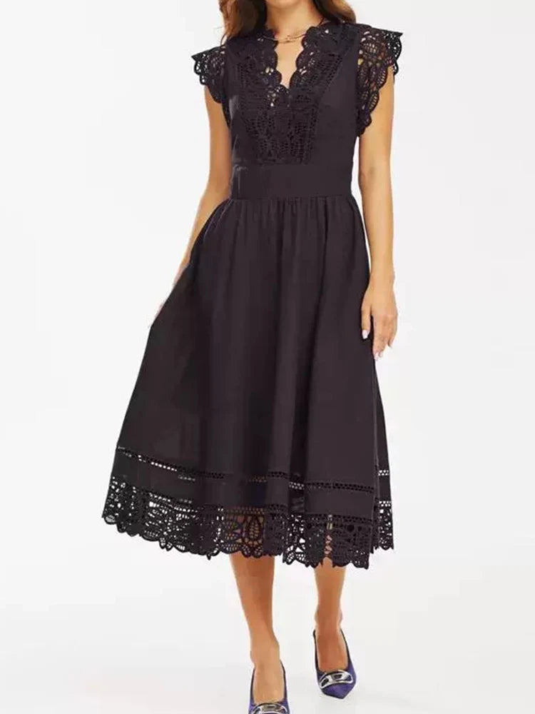 Fashion stitching lace openwork lace skirt slim waist dress solid color  summer women's new temperament long A-line skirt