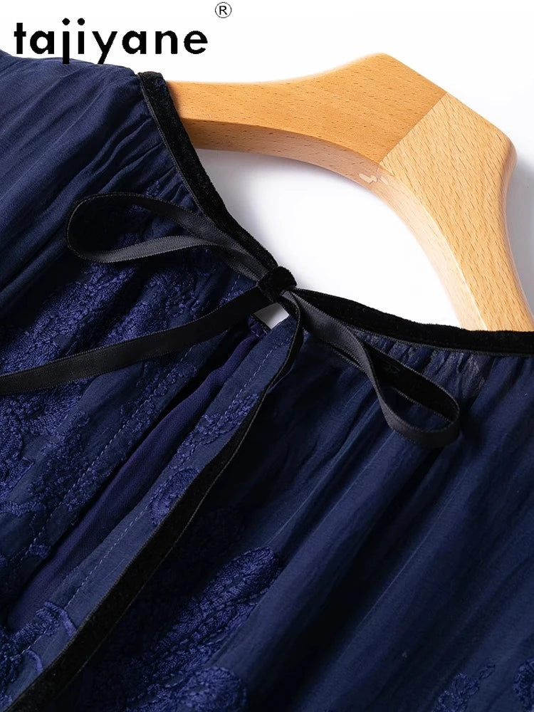 TAJIYANE 100% Mulberry Silk Dresses  Woman Summer Dark Blue Embroidery Long Dress Vacation Vest Frocks Women Clothing платье