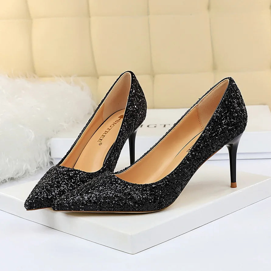 Manufacturer   Women 7cm 9.5cm High Heels Pumps Wedding Bridal Scarpins Sparkly Mid Heels Lady Party Sequins Glitter Evening Gold Silver Shoes   Pumps