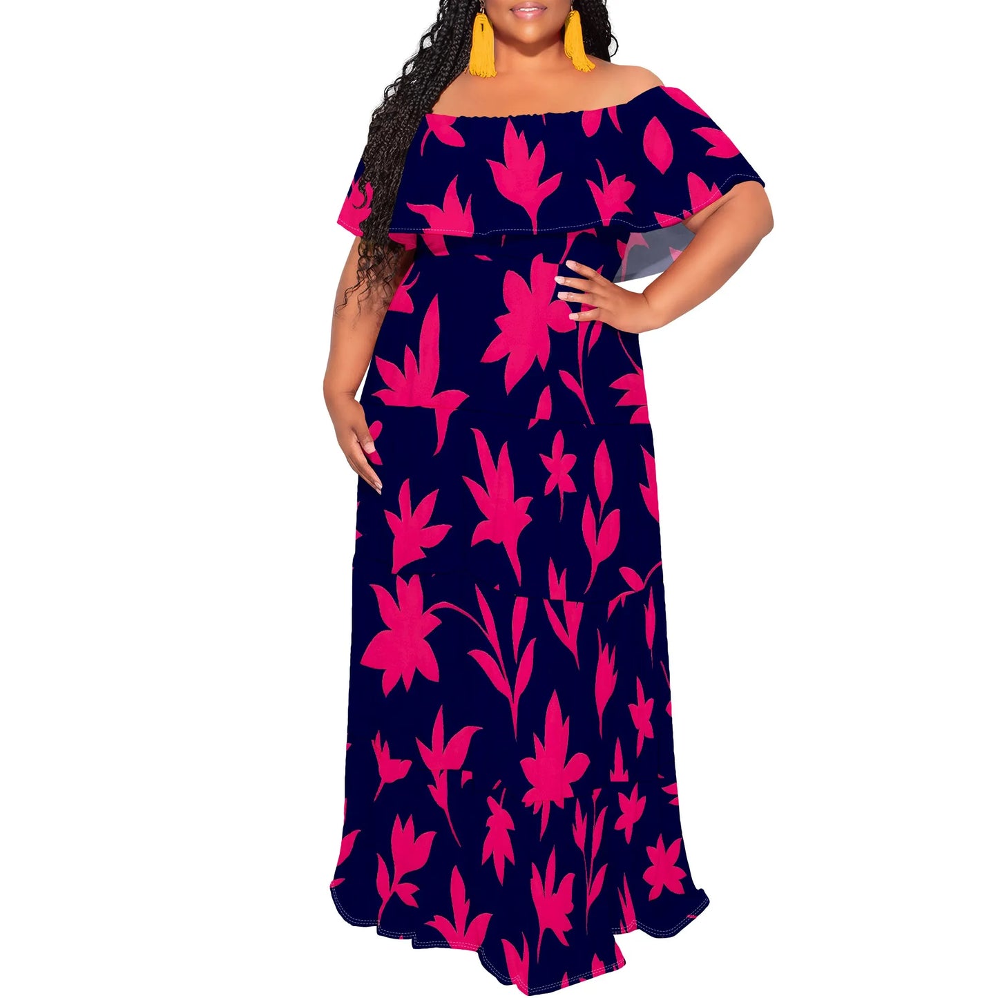 Womens Off The Shoulder Dress Summer Casual Long Ruffle Party Side Split Beach Maxi Dresses with Pockets