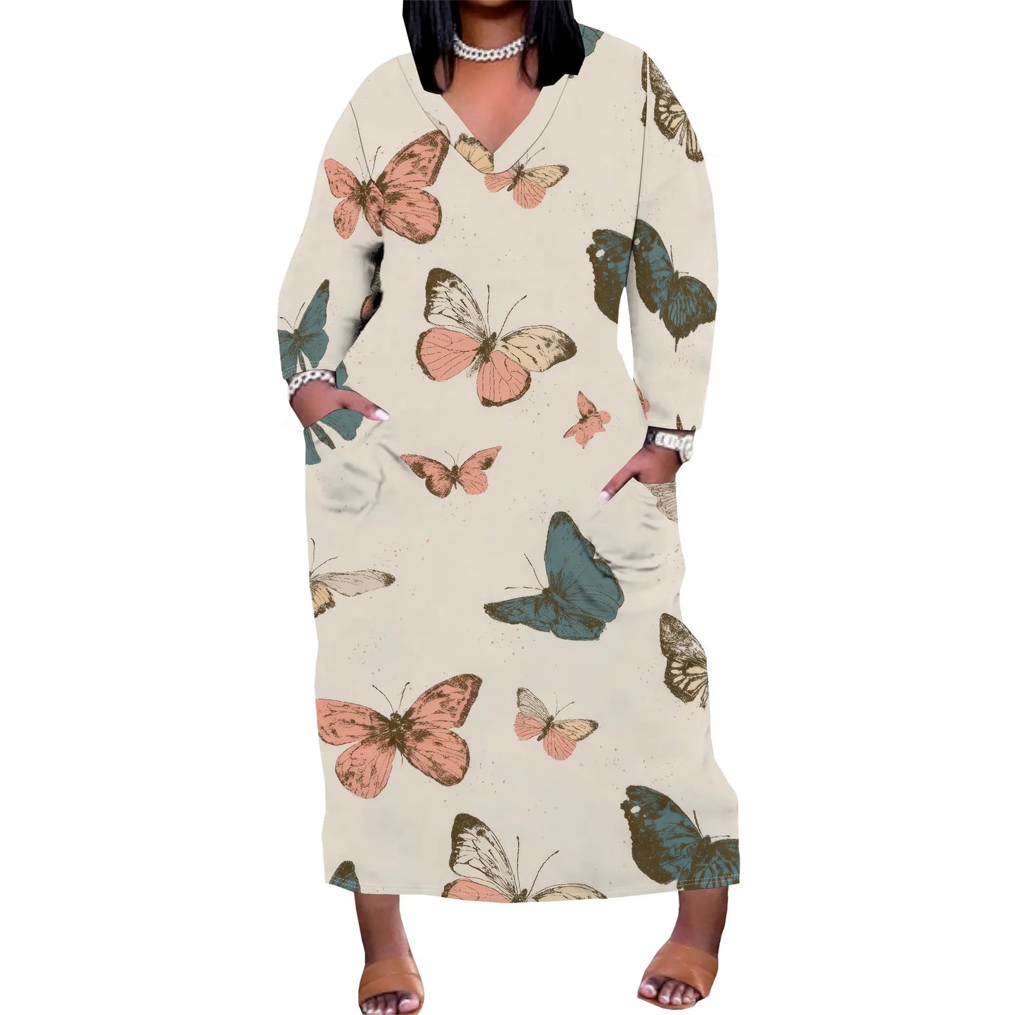 Oversized Baggy Summer Womens Print Dresses Sexy Casual T-Shirt V Neck Long Sleeve Maxi Dress with Pocket