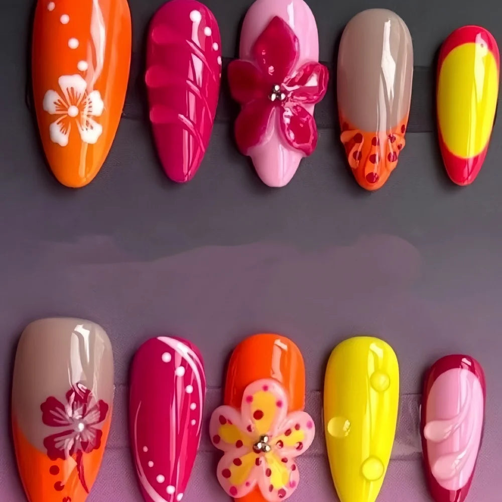Tropic Affair 3D Flower Nails 10Pcs Handmade Manicure Medium Almond Fake Nails Press On Nails Design With Adhesive Nail File Set